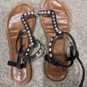 Carlos Santana Florida Black With Gem Detail Flat Ankle Strap Sandals